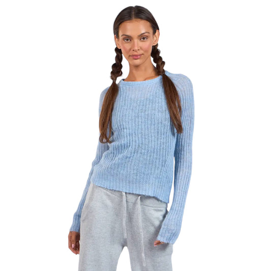 Boat Neck Long Sleeve Plain KnitSweater Top blue