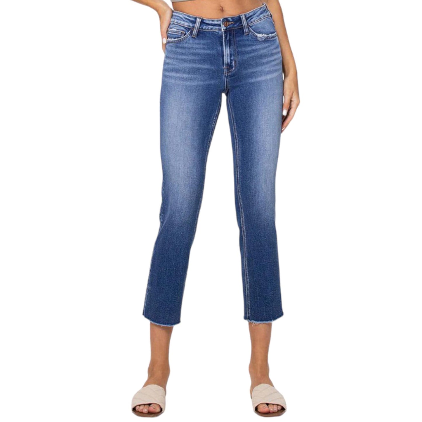 Mid Rise Cropped Straight Leg Jeans