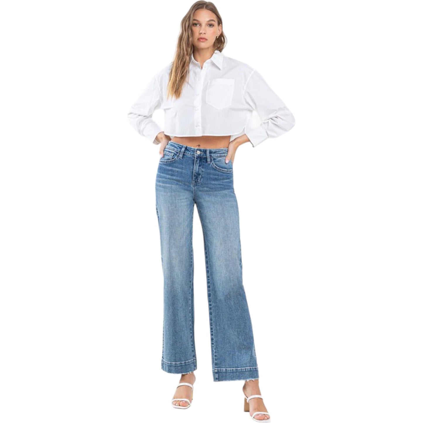 High Rise Wide Leg Jeans with Trouser Hem Detail by Flying Monkey