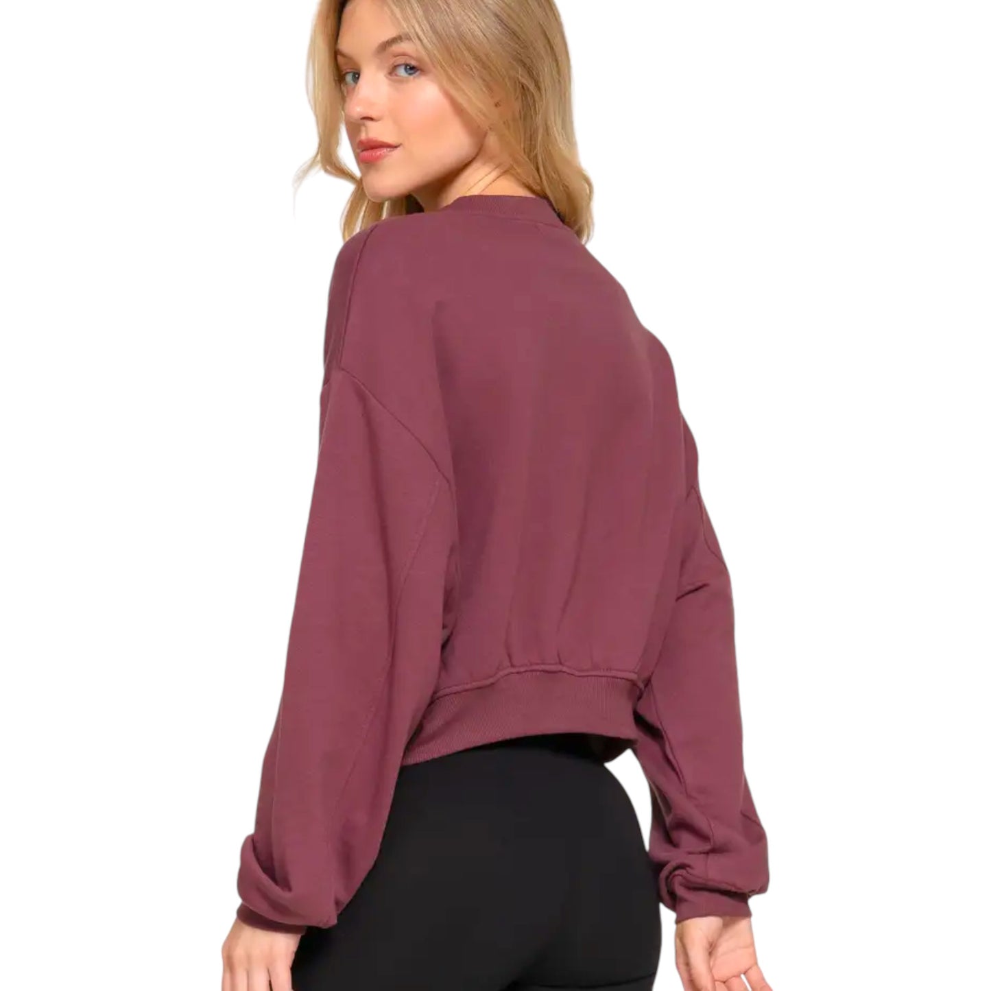 Soft Cropped Crew Neck Sweatshirt in Burgundy and Navy