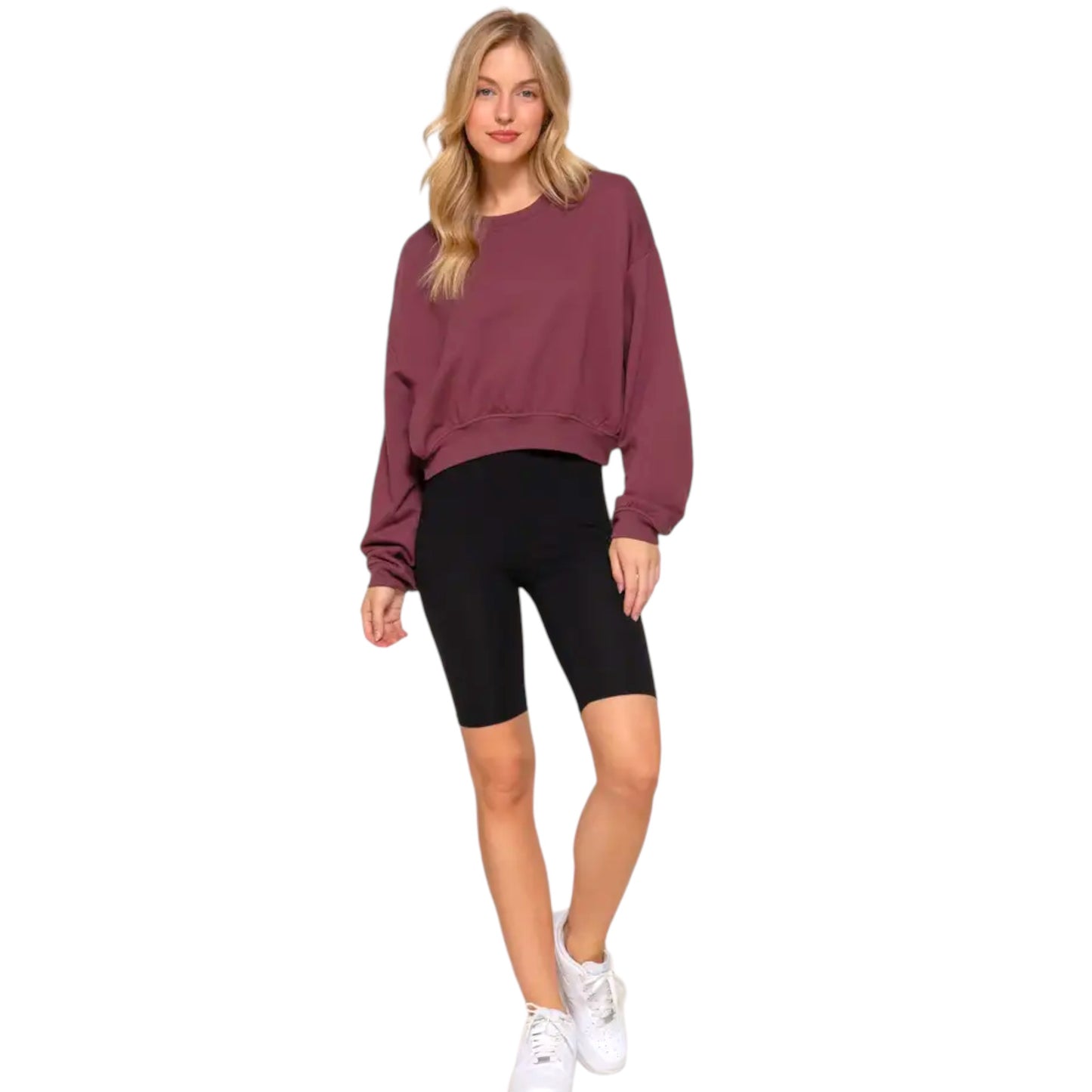 Soft Cropped Crew Neck Sweatshirt in Burgundy and Navy