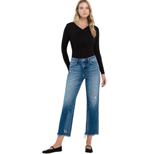 High Rise Frayed Hem Crop Straight Jeans