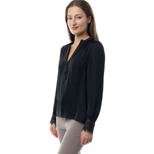 Lace Cuff Long Sleeve Black Blouse
