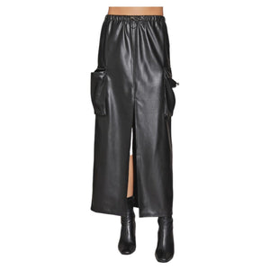 Bungee Cord Cargo Faux Leather Midi Skirt (Preorder)