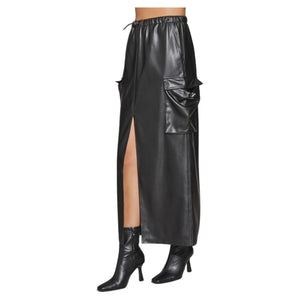 Bungee Cord Cargo Faux Leather Midi Skirt (Preorder)