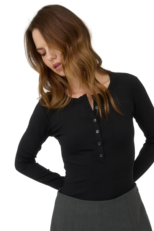 Black Ribbed Long Sleeve Henley