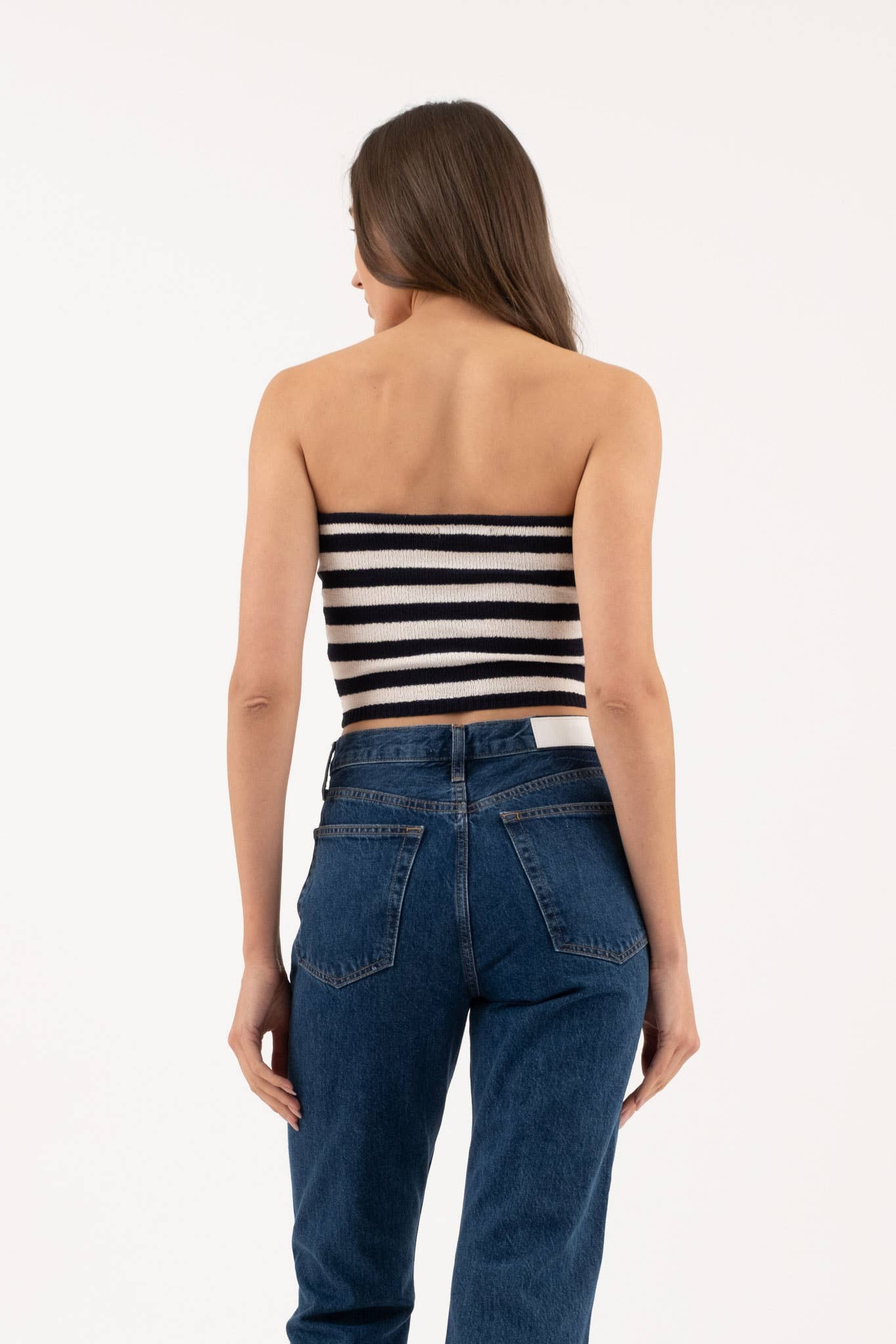 Stripe Strapless Sweater Knit Tube Top in Navy