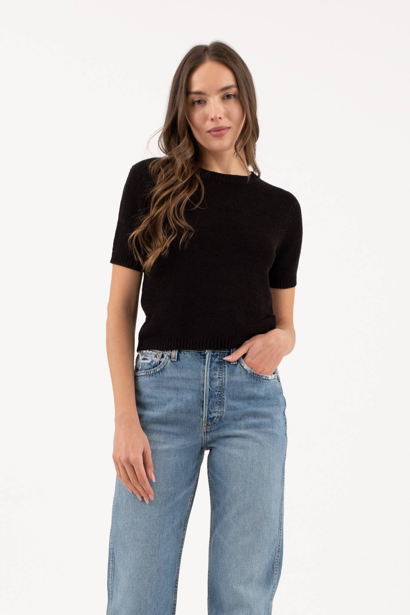 Black Short Sleeve Crewneck Sweater