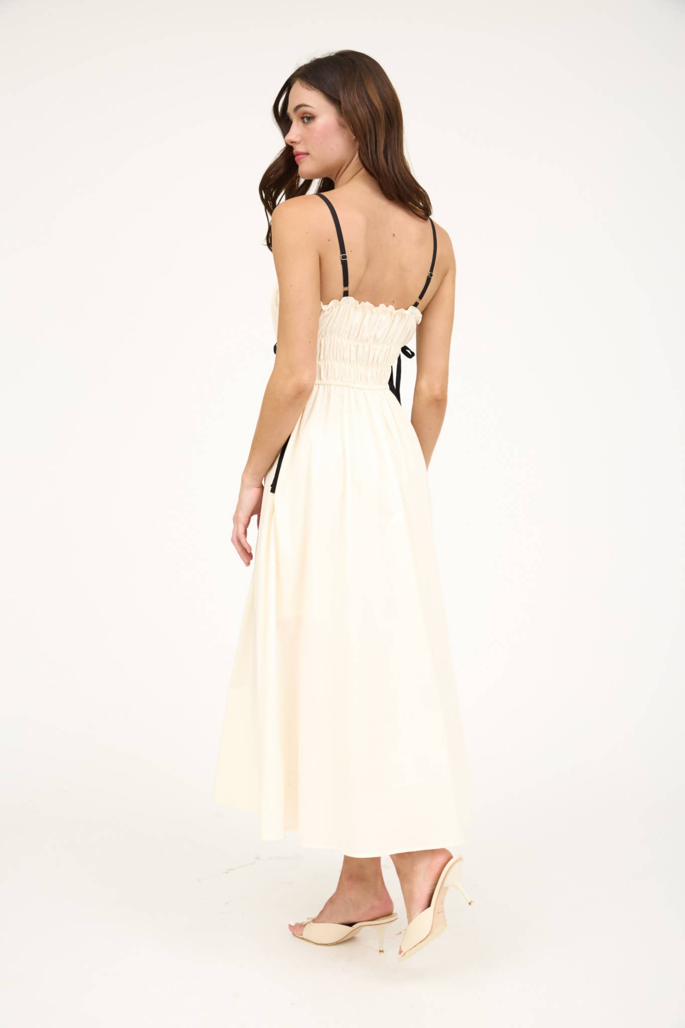 Cream and Black Ruched Contrast Detail Midi Dress