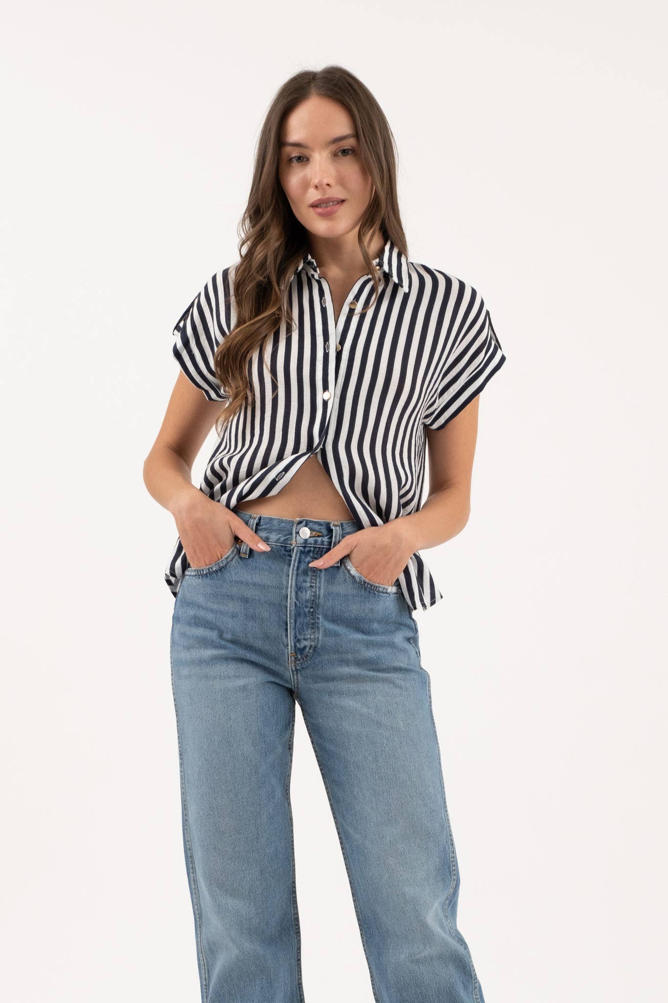 Navy Stripe Short Sleeve Button Down Shirt