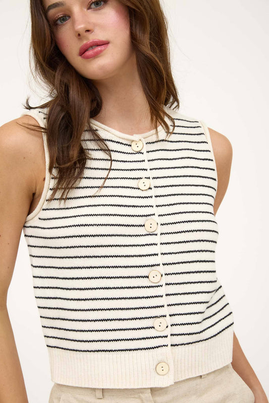 Cream Striped Button Down Cardigan Vest