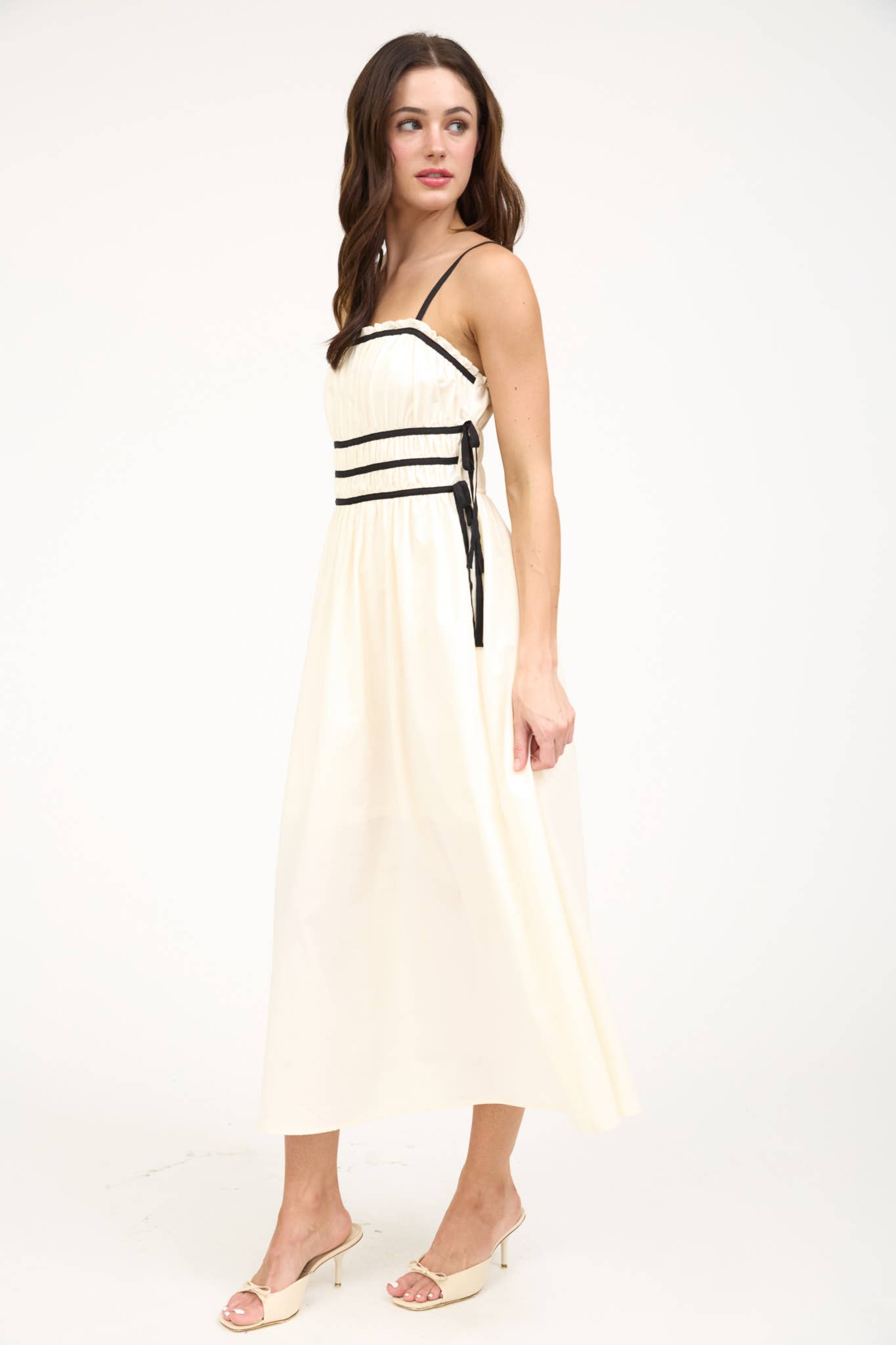 Cream and Black Ruched Contrast Detail Midi Dress