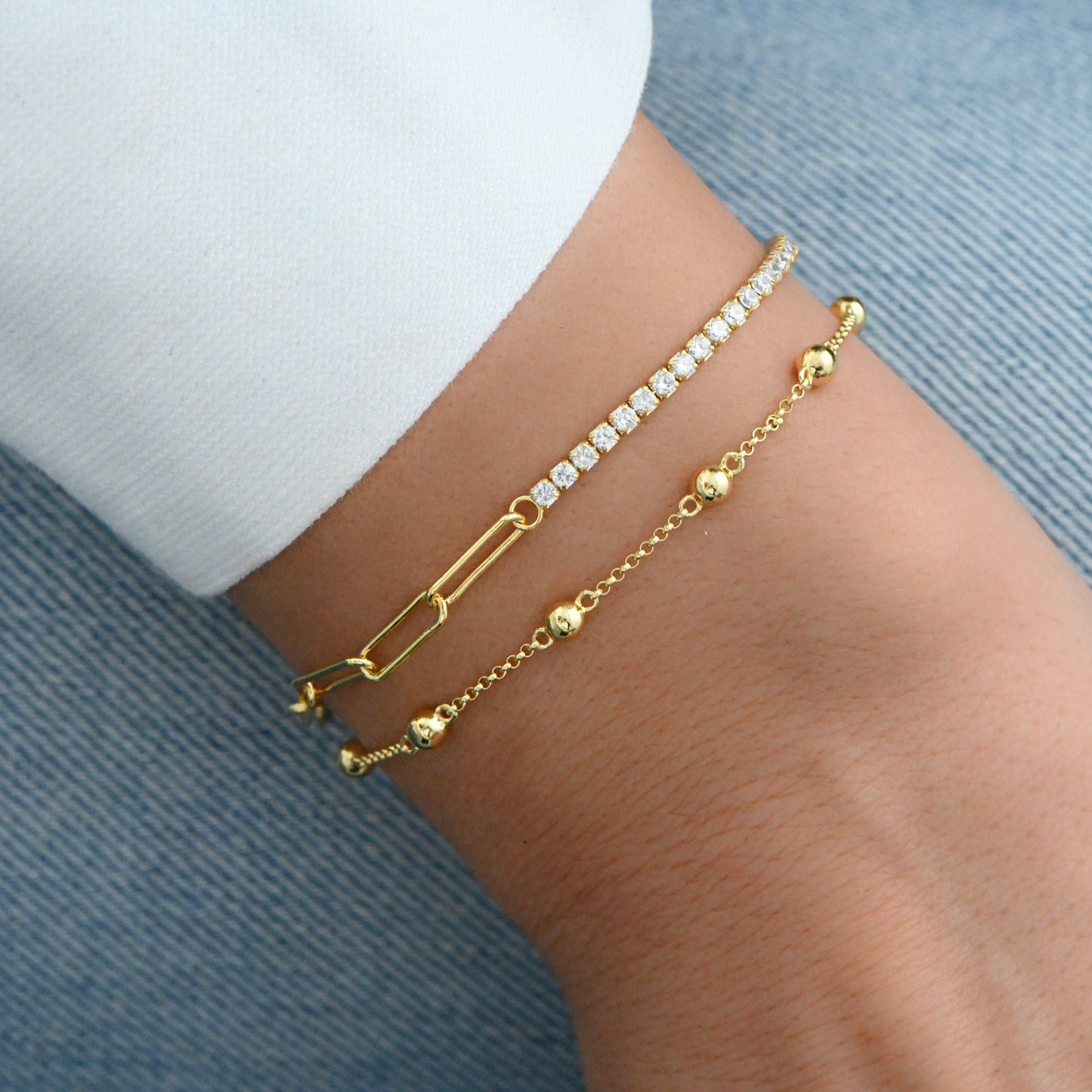 Gold Tennis and Paperclip Bracelet