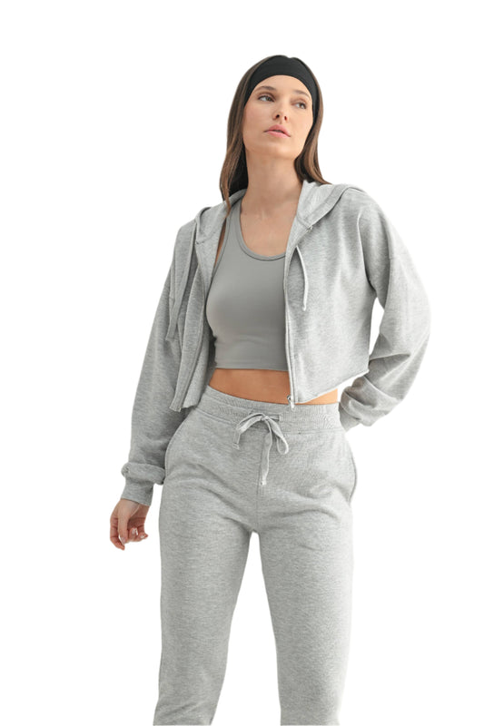 Grey Crop Hoodie Zip-Up French Terry Sweatshirt