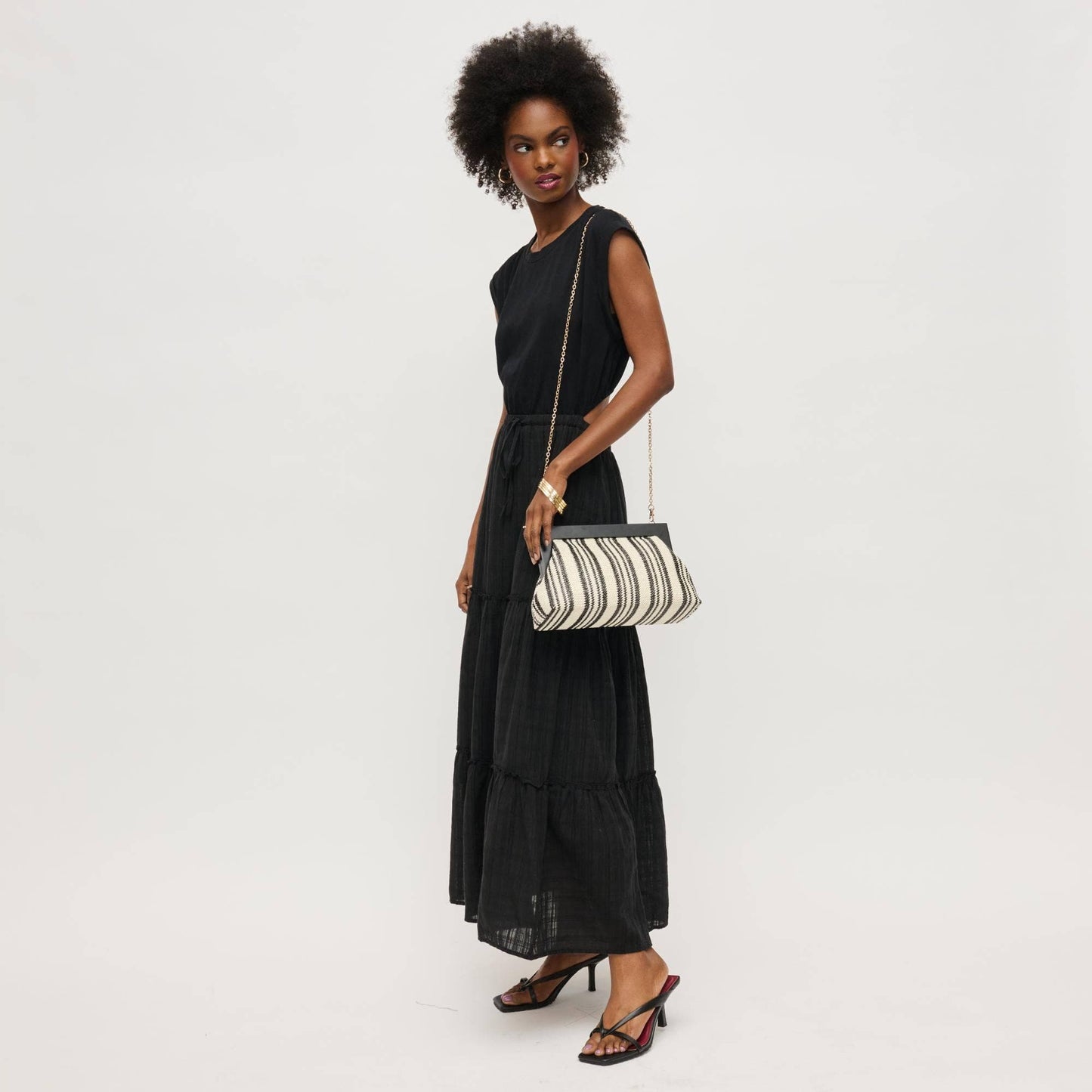 Black and White Stripe Straw Clutch