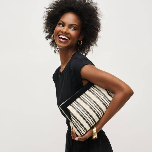 Black and White Stripe Straw Clutch