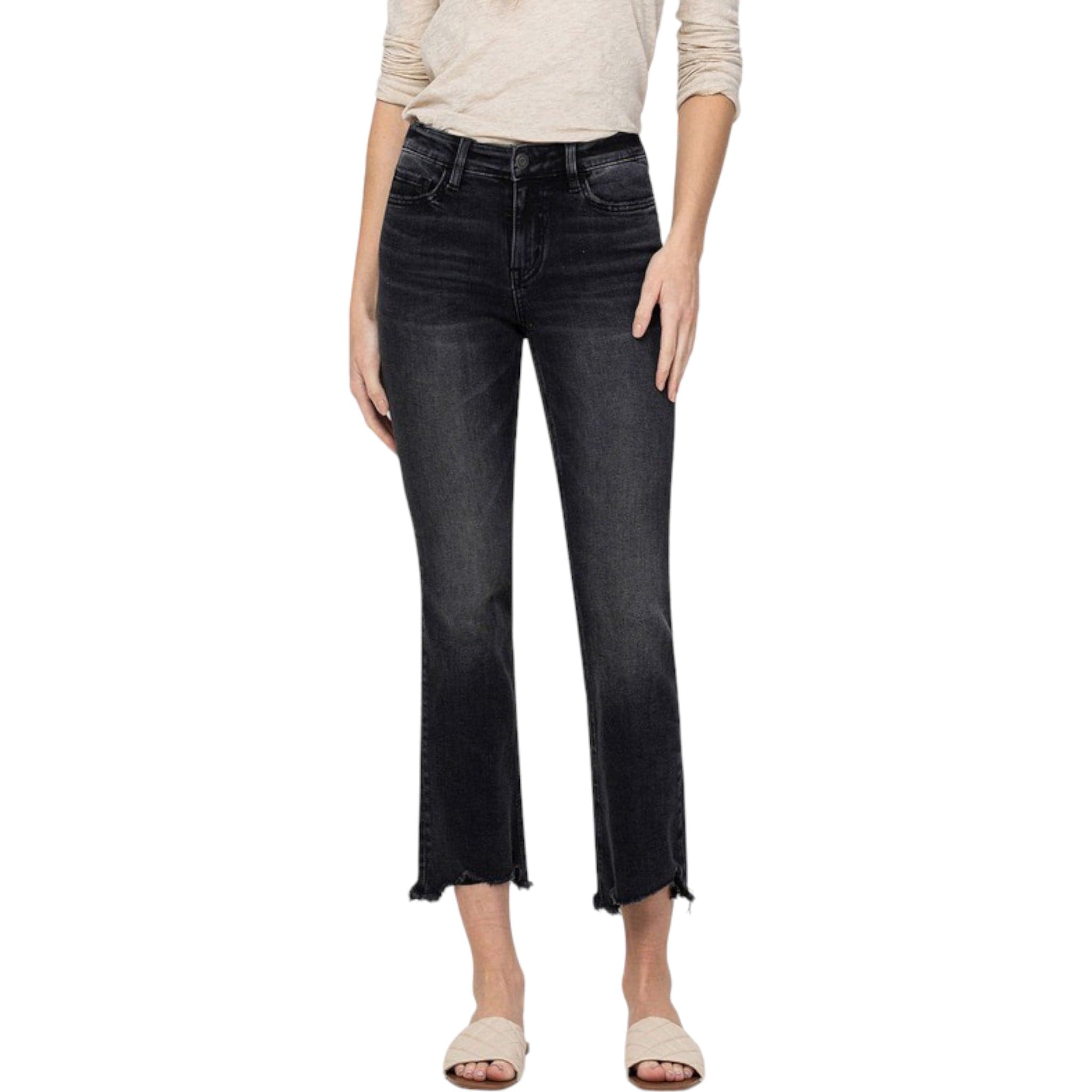 Mid Rise Released Distress Hem Crop Flare Black Denim