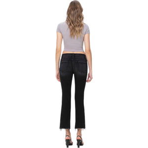Mid Rise Raw with Distressed Hem Crop Flare Black Jeans