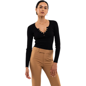 Ribbed Knit Henley in Black and Oatmeal