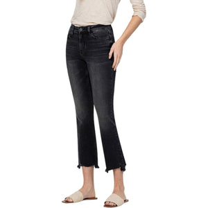 Mid Rise Released Distress Hem Crop Flare Black Denim