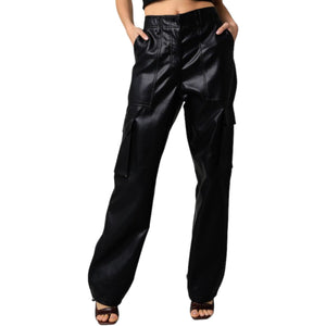 Black Faux Leather Cargo Pants