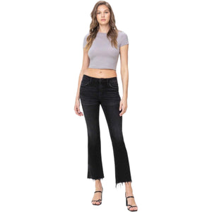 Mid Rise Raw with Distressed Hem Crop Flare Black Jeans
