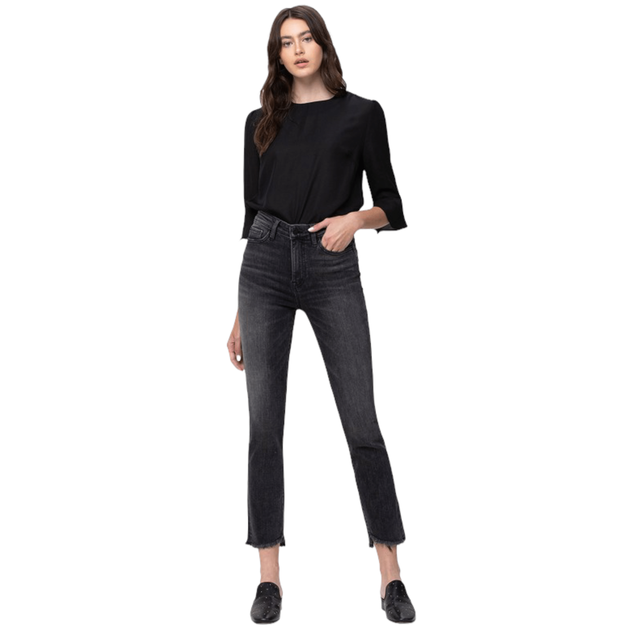 High Rise straight crop with uneven hem detail black jeans by Flying Monkey