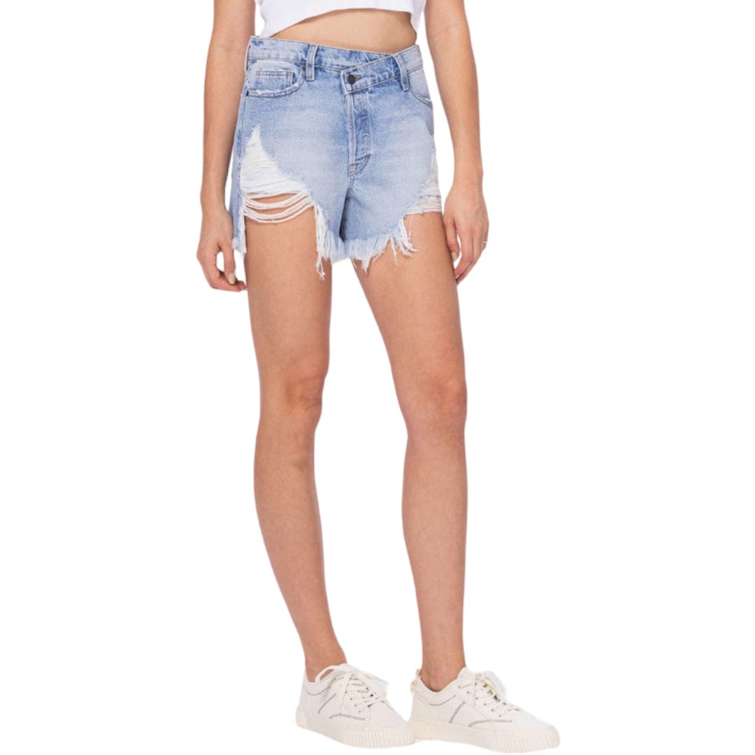Hidden Brand Light Wash Heavy Fray Uneven Waistband Shorts