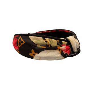Designer inspired black with flowers top knot headband