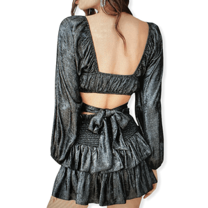 Drawstring front waistband back puff sleeve top