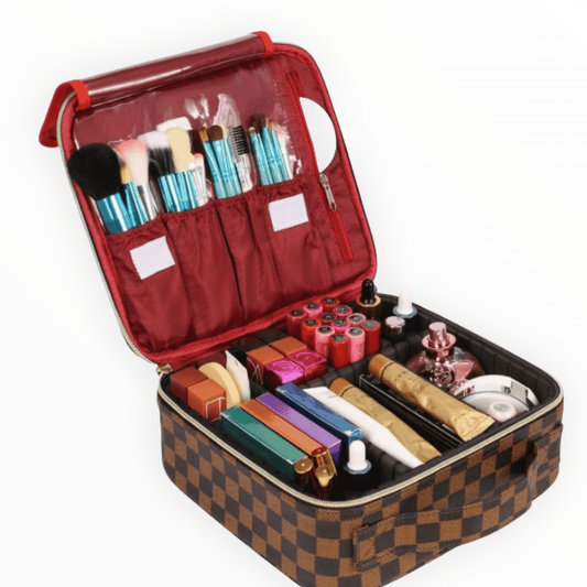 Makeup Travel Bag in Brown, Cream/White