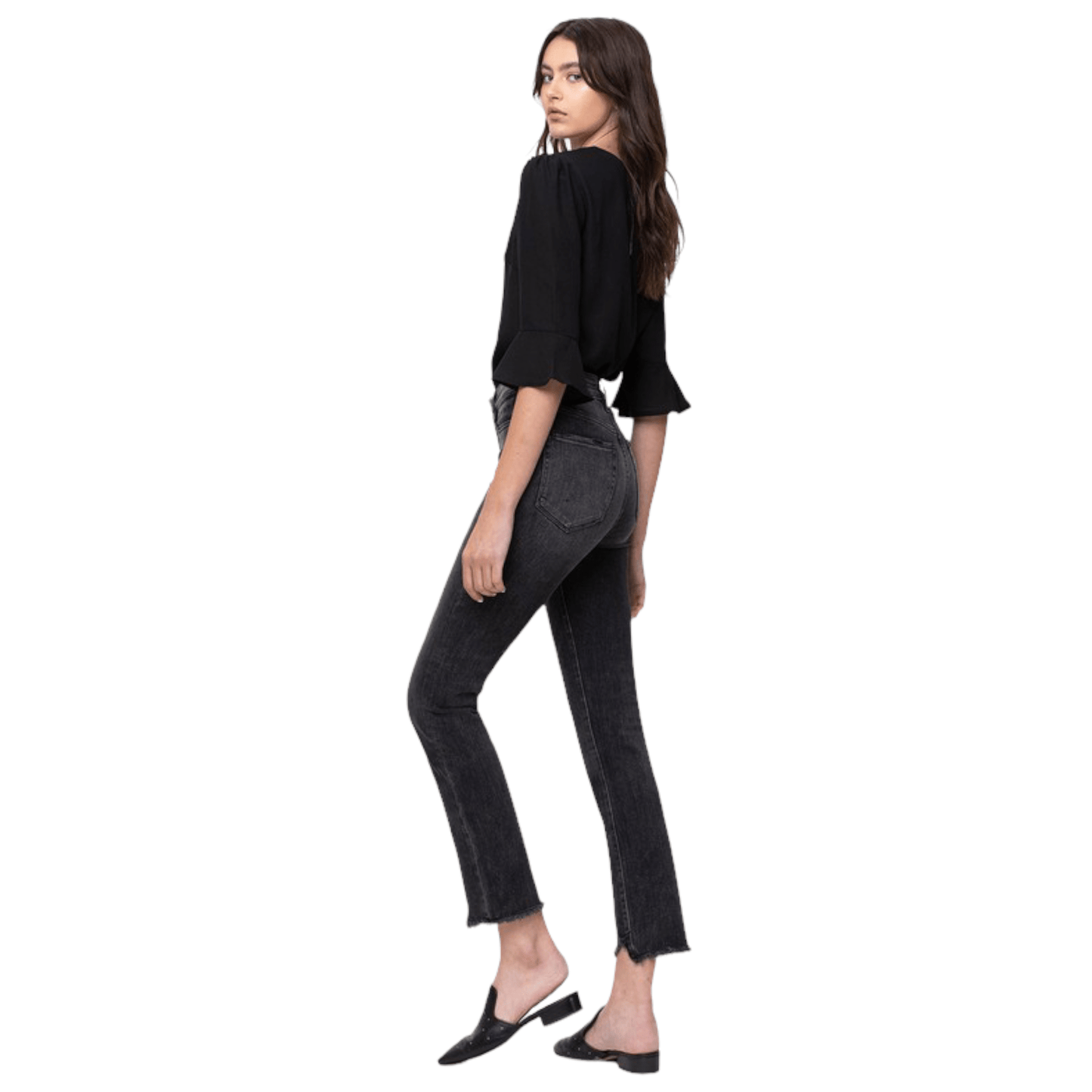 High Rise straight crop with uneven hem detail black jeans by Flying Monkey