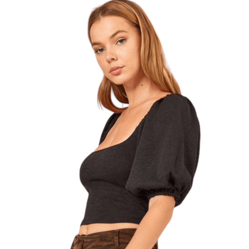 Square Neck Puff Sleeve Knit Top