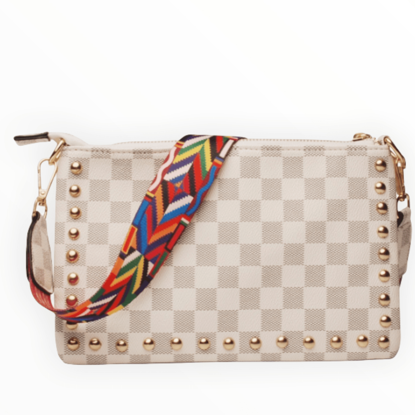 Checkered funky strap bag in beige/white and Brown available